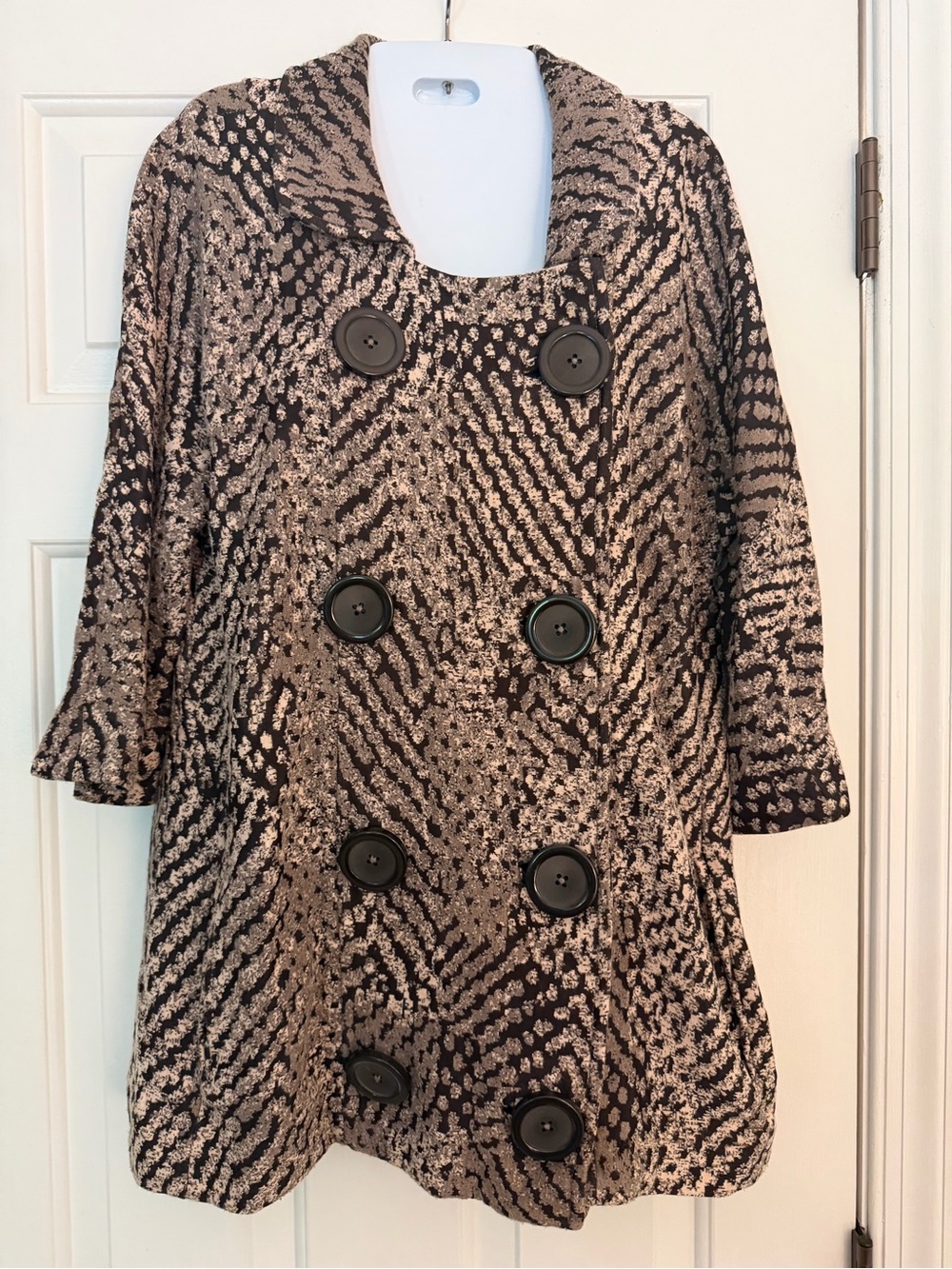 NIC+ZOE Women’s L Black Taupe Abstract Print 3/4 Sleeve Button Jacket Coat